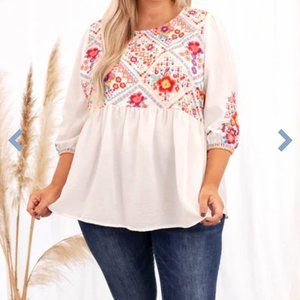 2X Chic Soul Hear Me Say Top with Colorful Embroidery 3/4 Sleeve Blouse